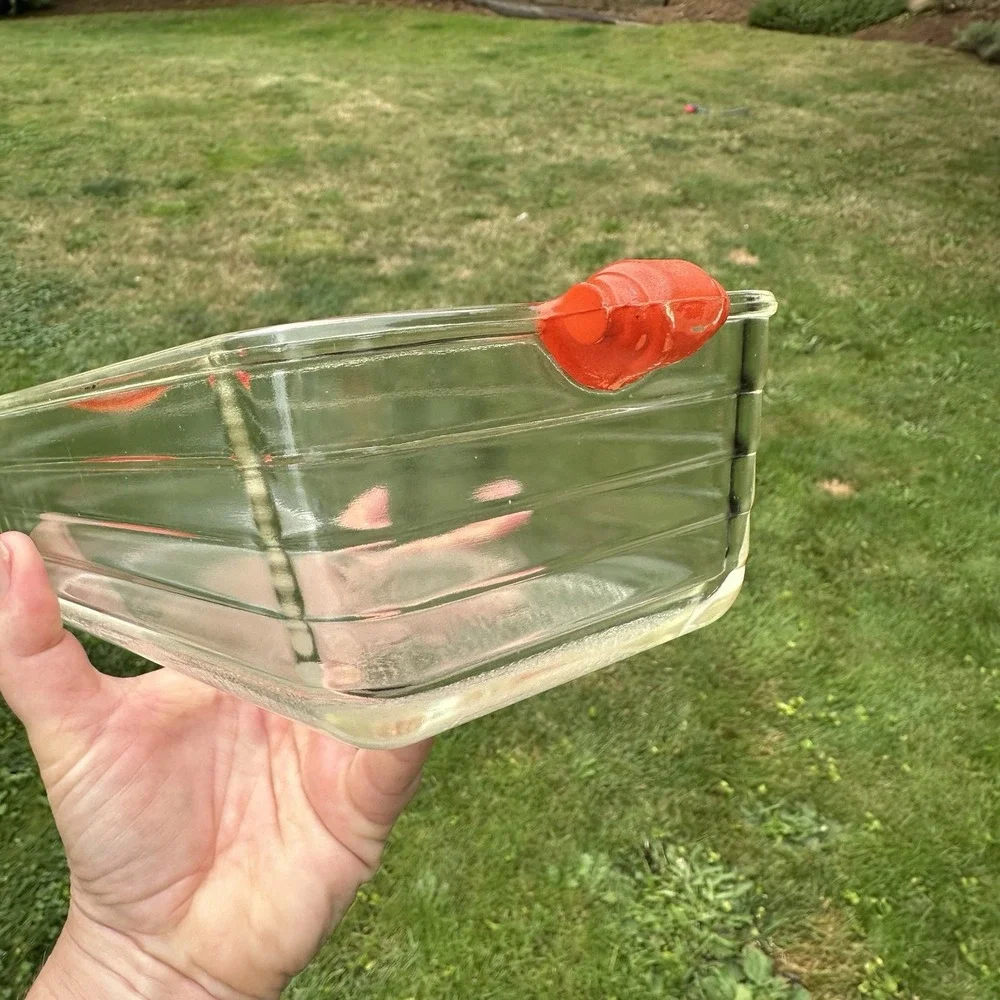 Vintage GLASBAKE #59 Clear Glass Loaf Pan Baking Dish Ornate Orange Handles USA